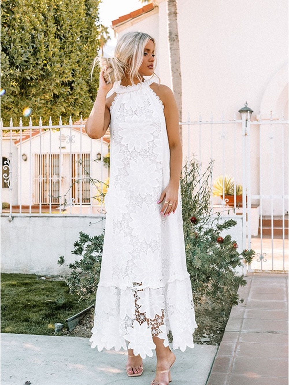 NWT Petal & Pup White L Floral Lace Halter Maxi Dress - Picture 3 of 9